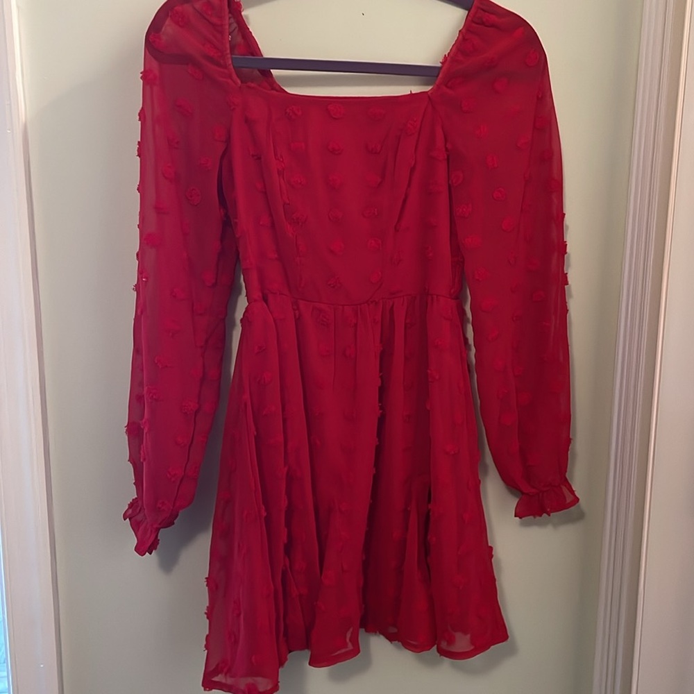 Red Swiss dot sheer long sleeve dress